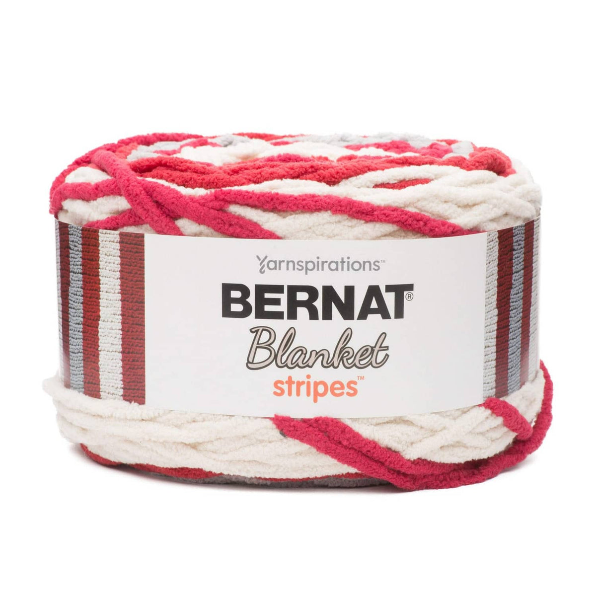Super bulky chenille yarn skein with red and white stripe pattern, soft polyester