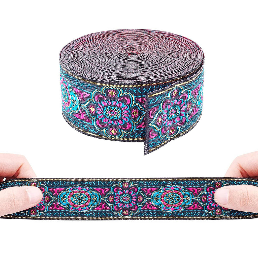 Embroidered jacquard ribbon spool and flat strip with teal and magenta medallion pattern