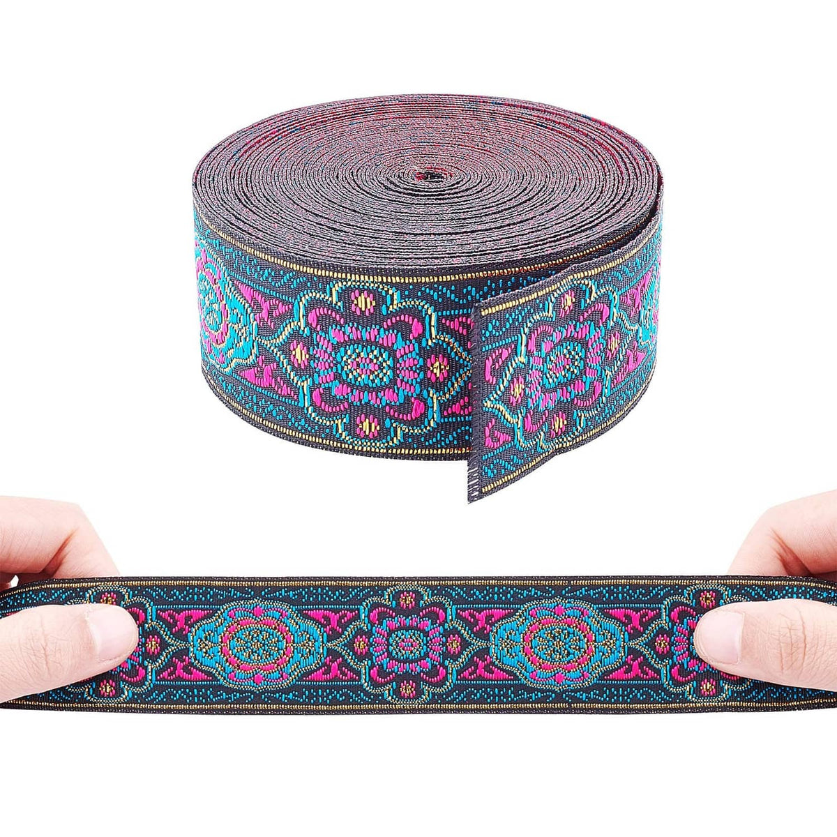 Embroidered jacquard ribbon spool and flat strip with teal and magenta medallion pattern