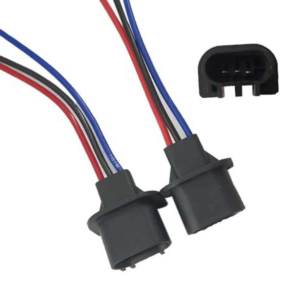 Headlight wiring connector pigtails with black male sockets and red/blue wires