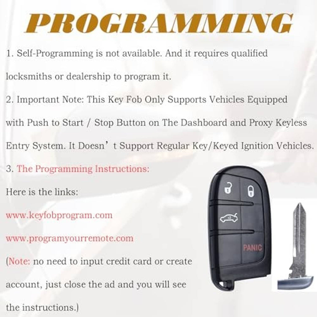 Black 4-button smart key fob with metal key blade and programming instructions.