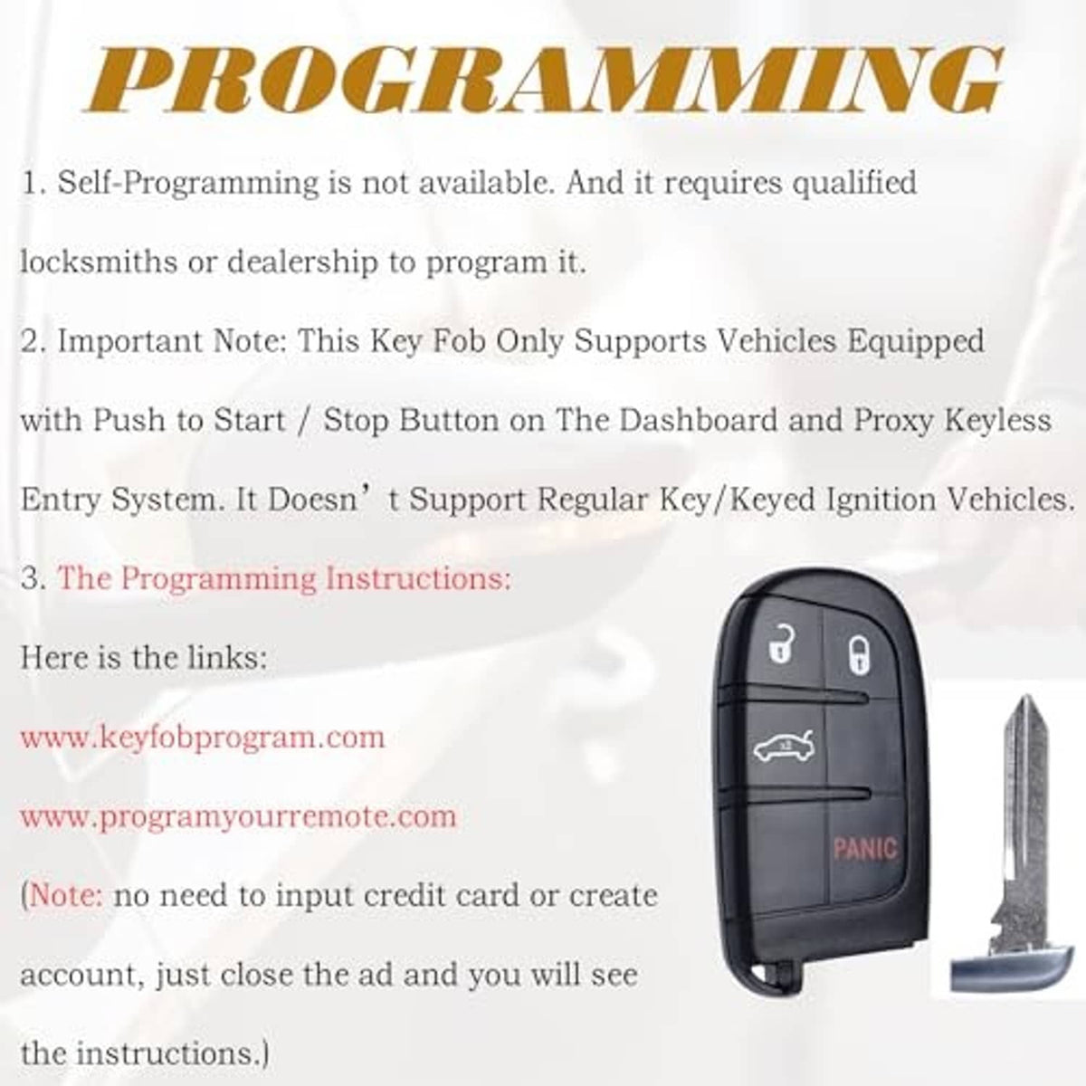 Black 4-button smart key fob with metal key blade and programming instructions.