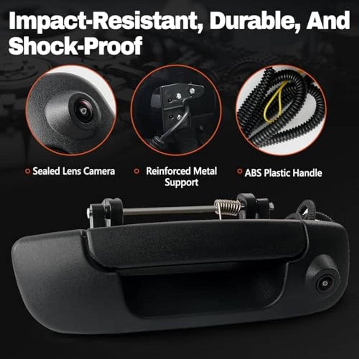 Black tailgate handle backup camera with sealed lens and cable connection