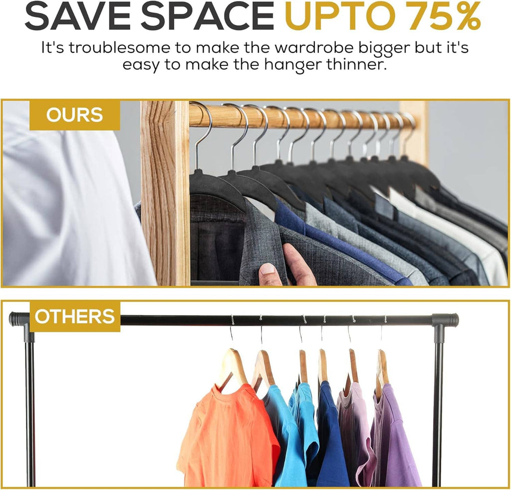 Ultra-thin black velvet hangers on a rod, designed to save wardrobe space