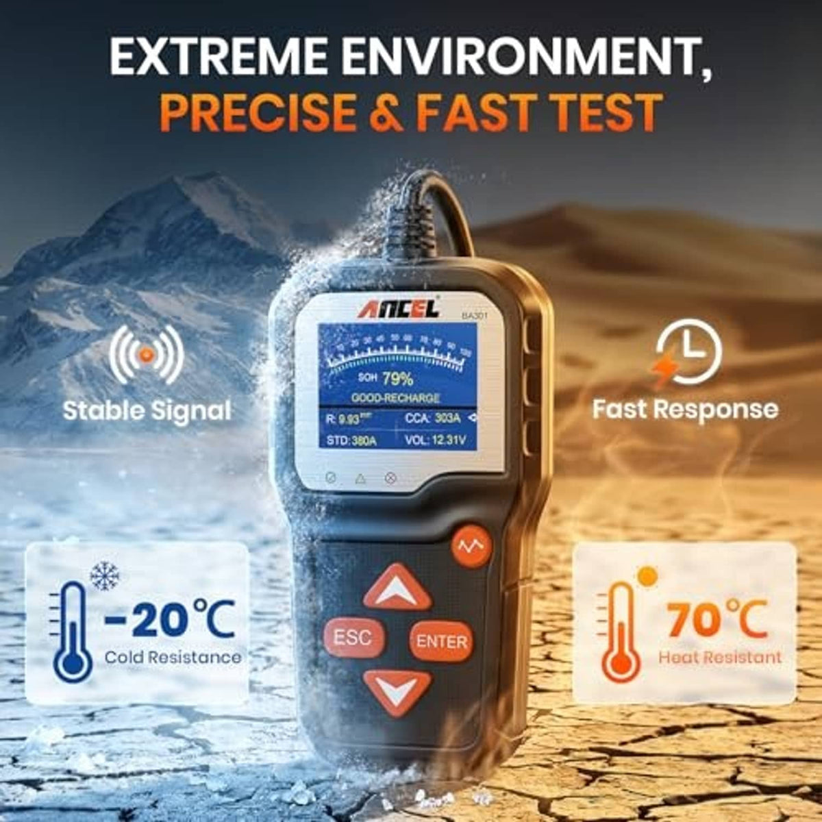Portable battery tester with screen, shows cold and heat resistant use scenarios
