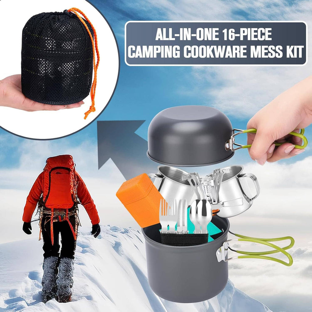 16-piece camping cookware mess kit with black pot, stainless cups, orange storage pouch, and forks