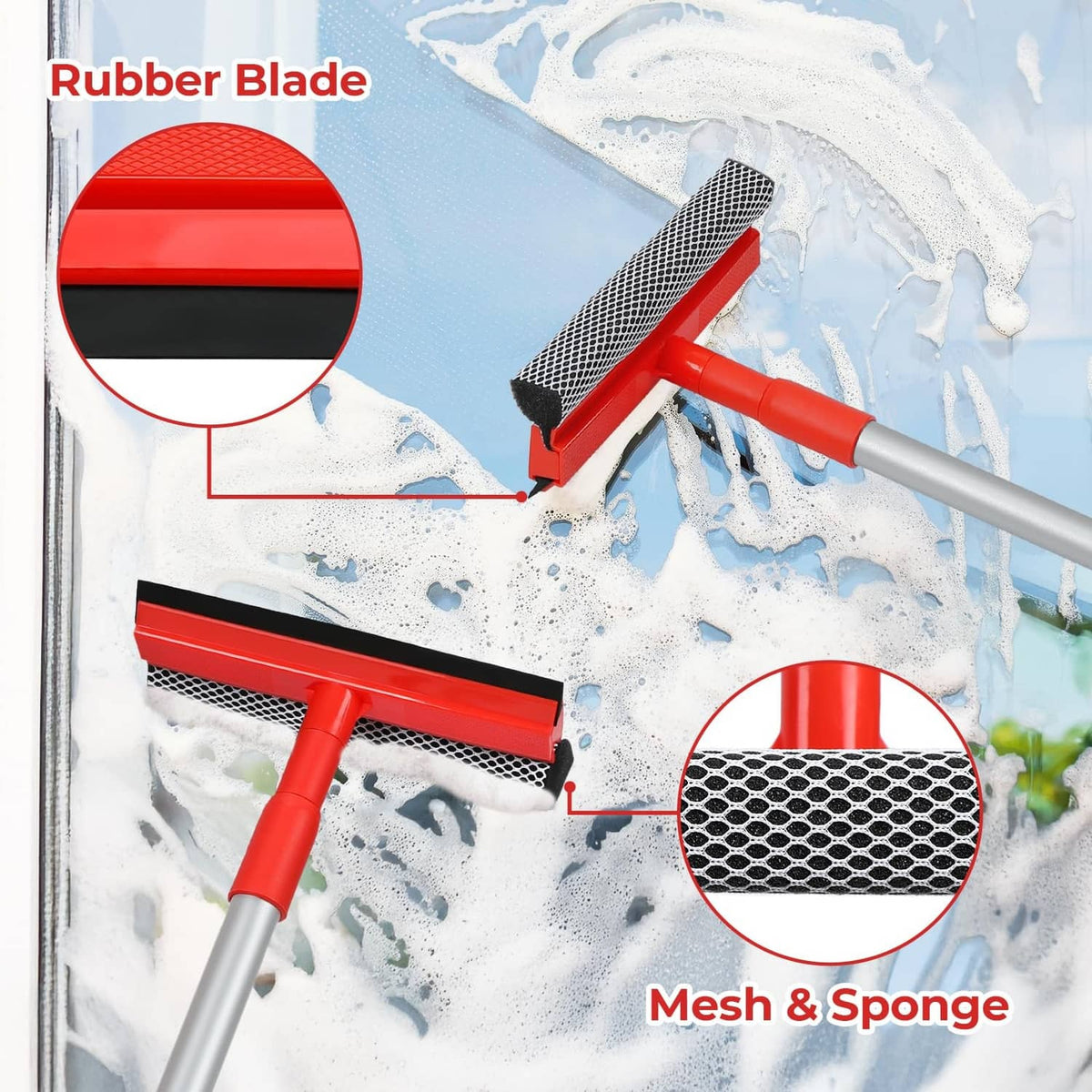 Car window scraper head with red rubber blade and grey mesh sponge pad