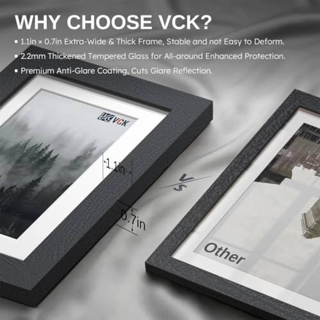 Black 5x7 wood frame set with wide border and extra-thick tempered glass