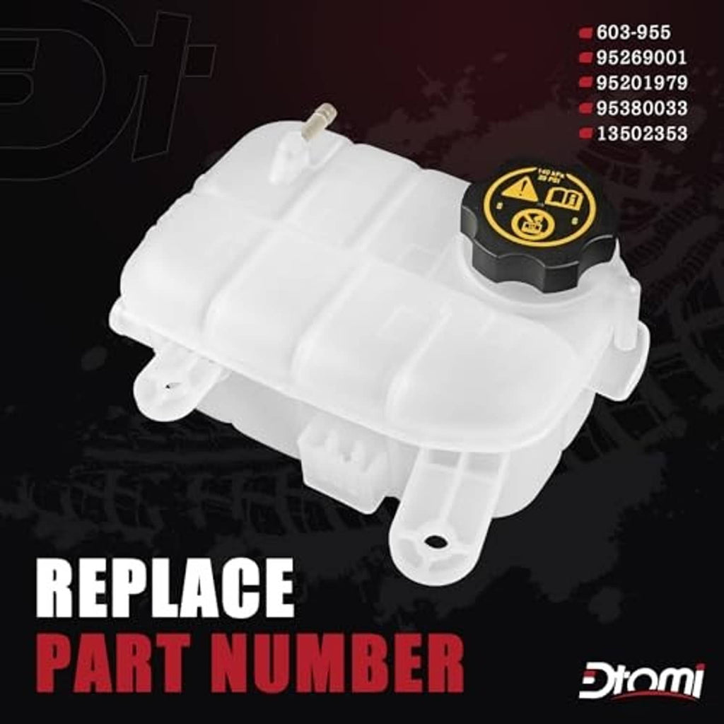 White radiator overflow coolant tank with black cap and mounting posts, angled view