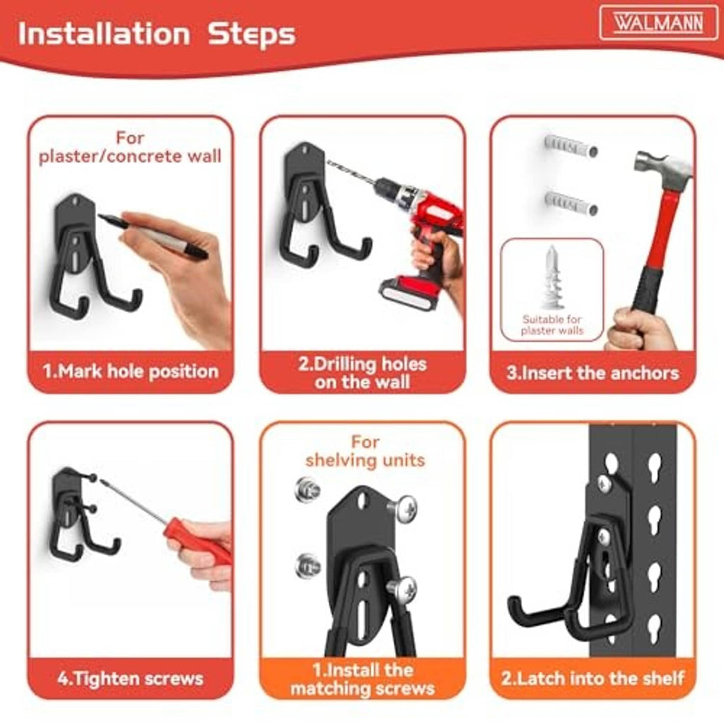 Black wall-mount utility hooks with mounting screws and anchor installation icons
