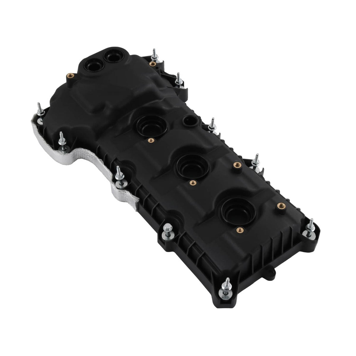 Black engine valve cover with bolt heads and circular openings, angled view