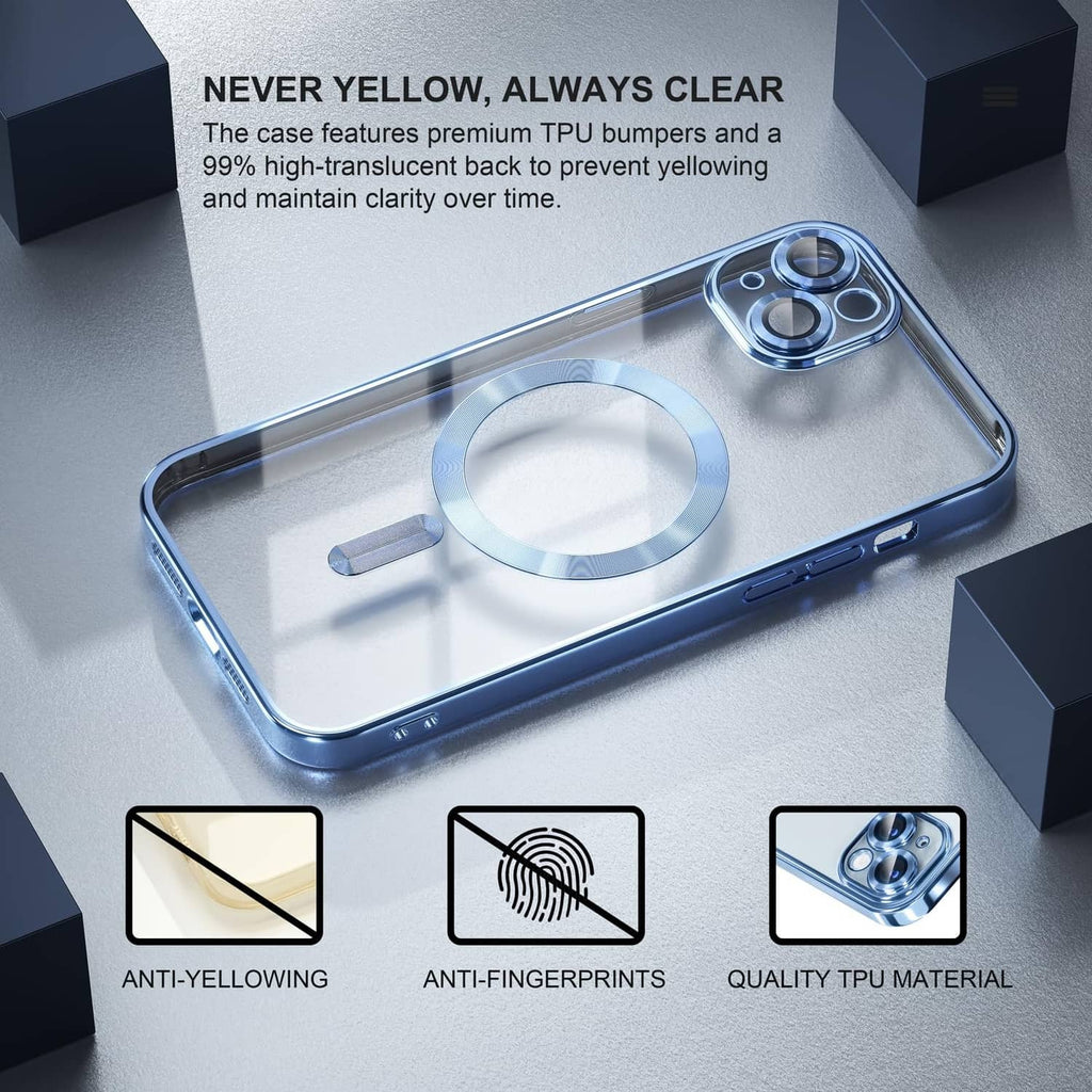 Light blue clear iPhone 15 Plus case with camera lens opening and magnetic mount