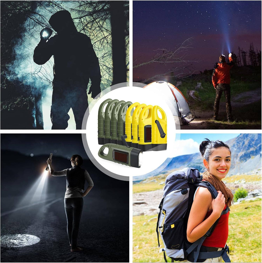 Green and yellow solar hand-crank flashlight set shown in outdoor night-style scenes
