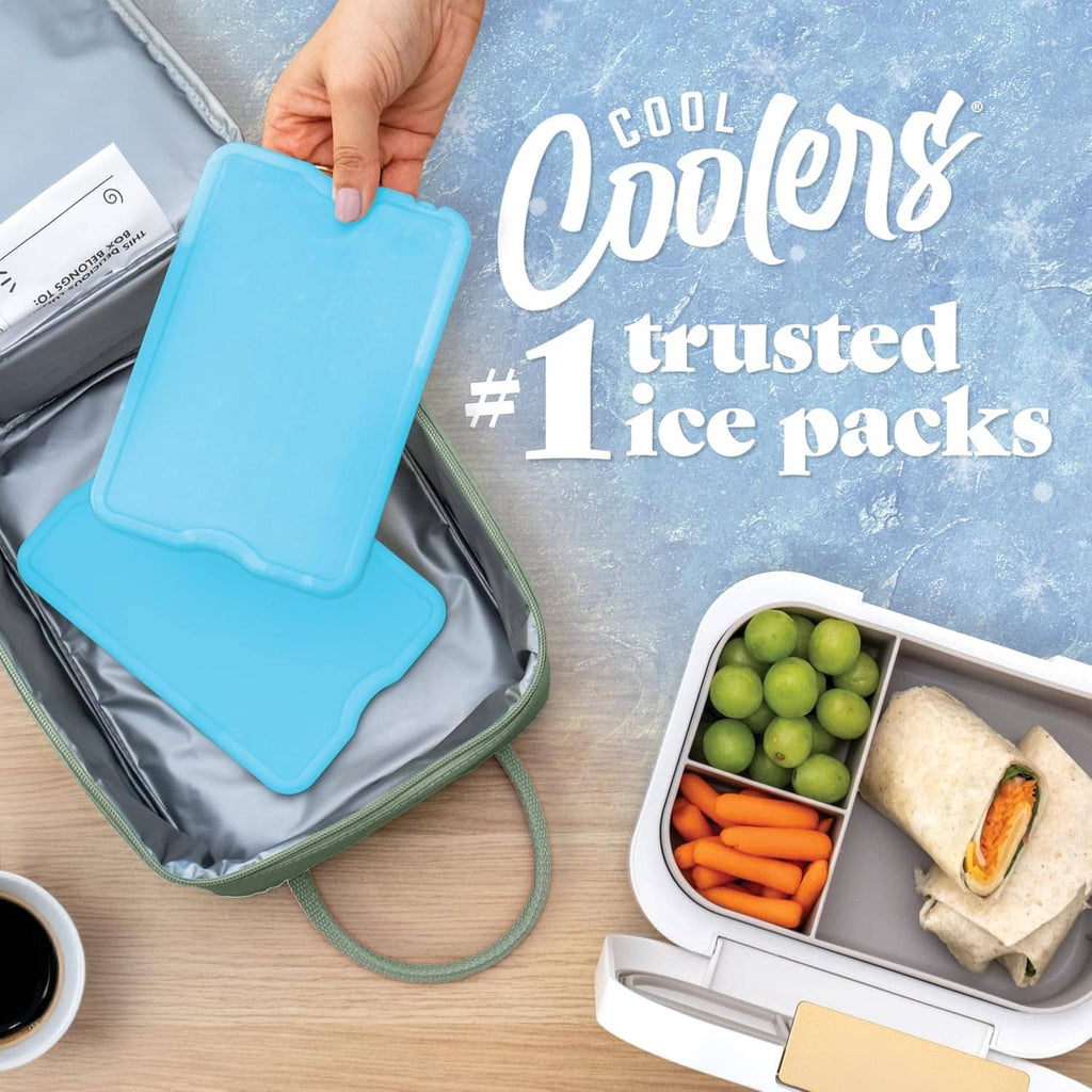 Two slim blue reusable ice packs being placed into a lunch cooler with a zipper compartment