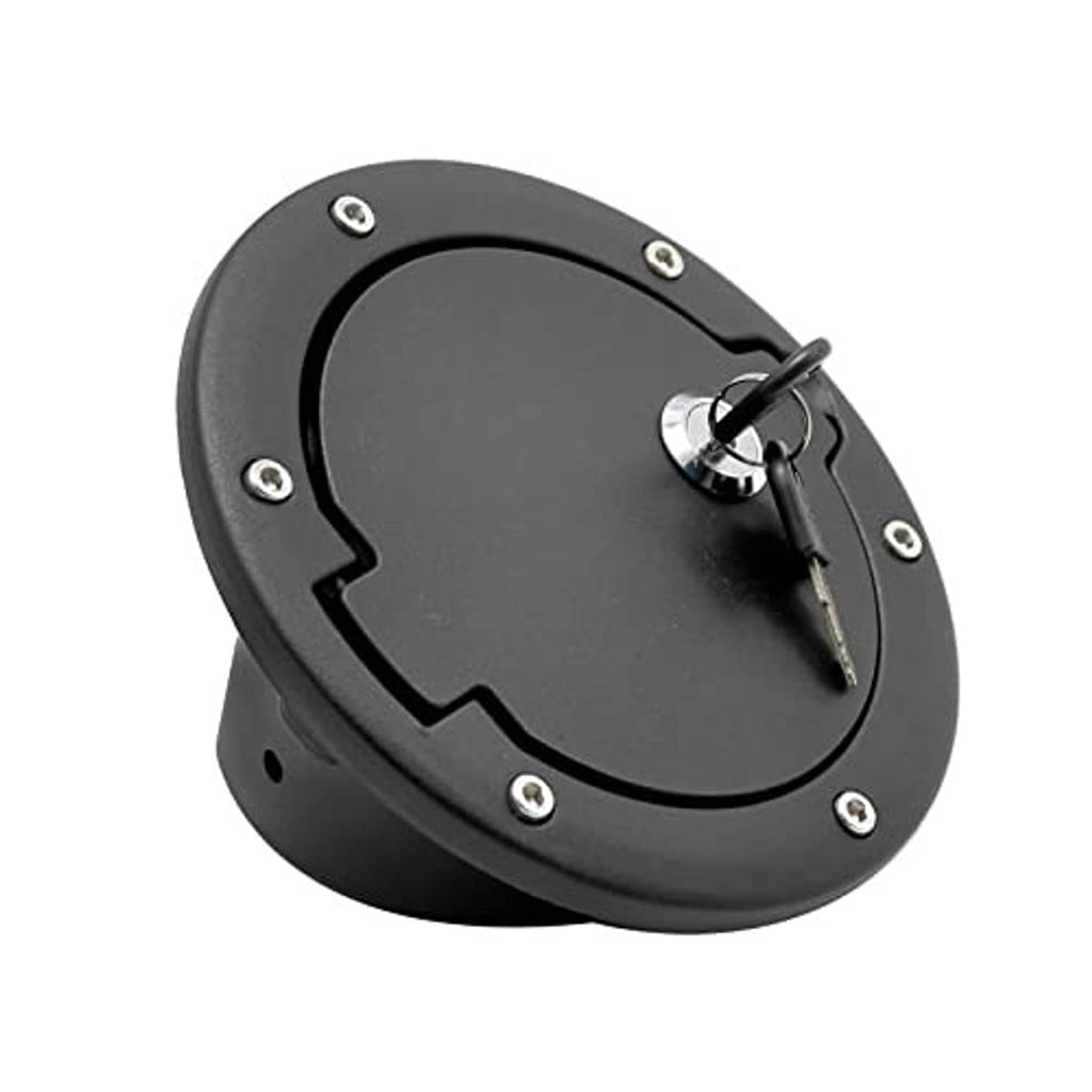 Fuel tank filler cap cover, black round housing with key lock and mounting screws