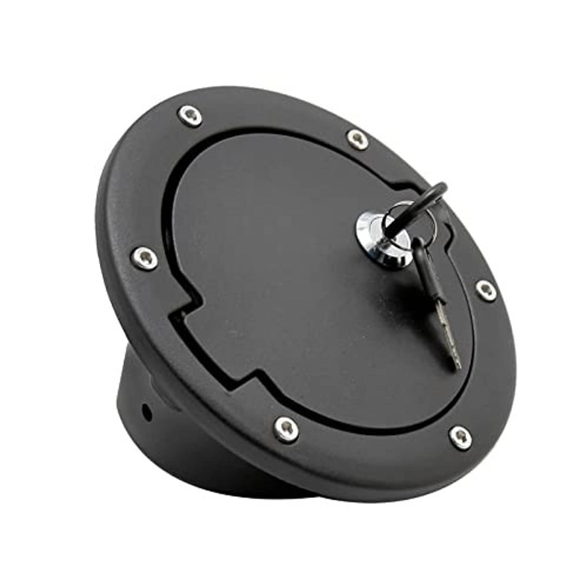 Fuel tank filler cap cover, black round housing with key lock and mounting screws
