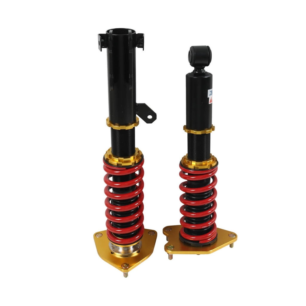 Two coilover struts side view, red springs, gold bases, and black shock bodies
