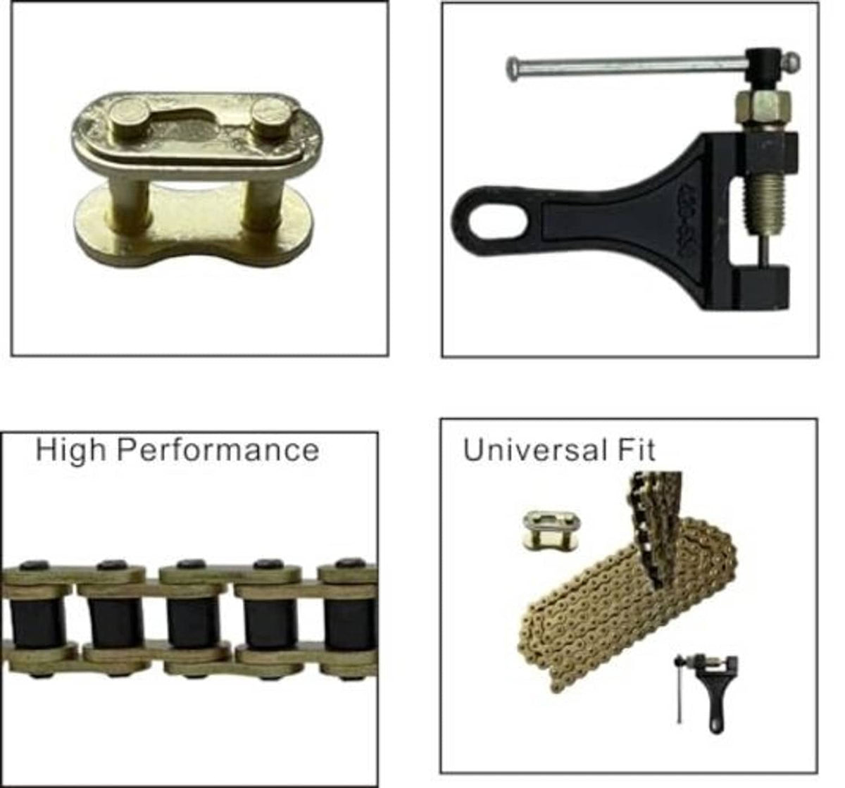 Close-up details of gold chain connector and black chain breaker tool