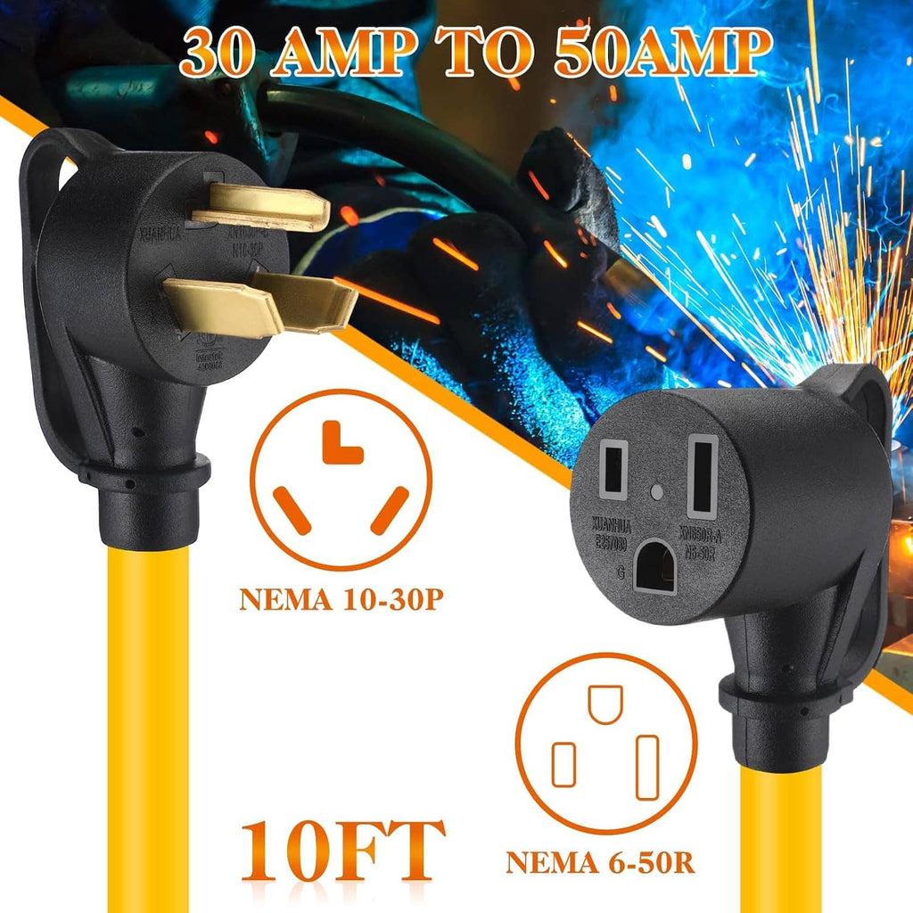 Welder adapter cord with welding plugs, NEMA 10-30P and NEMA 6-50R, 10 ft