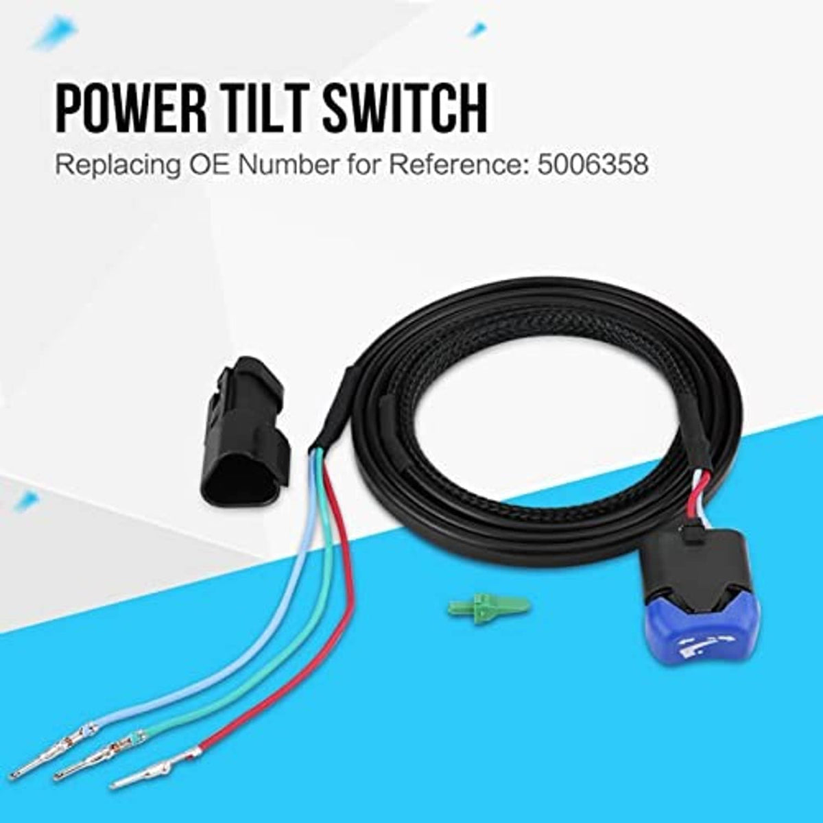 Power trim tilt switch wire harness kit with black coiled cable, blue switch, color-coded wires