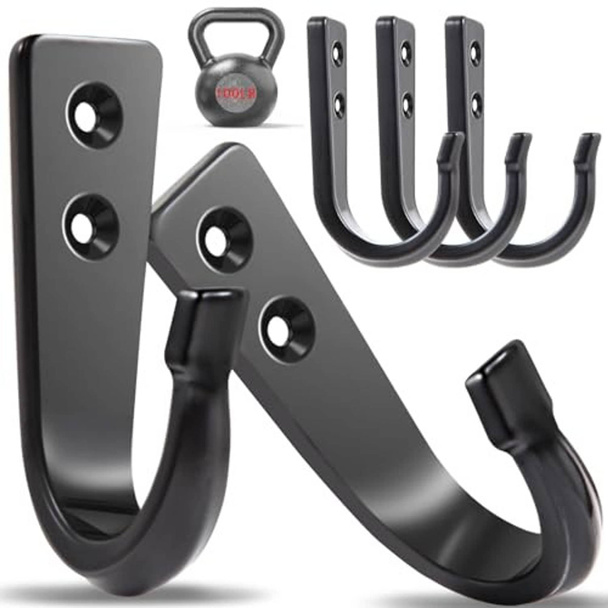Black wall coat hook set of five U-hooks with mounting plates and screw holes
