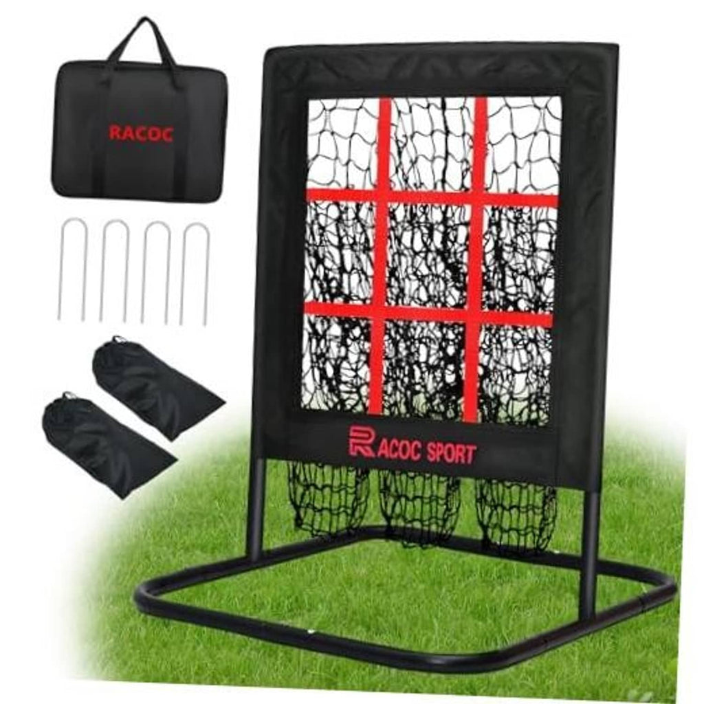 Portable baseball pitching net with strike-zone grid, black frame and red target netting.