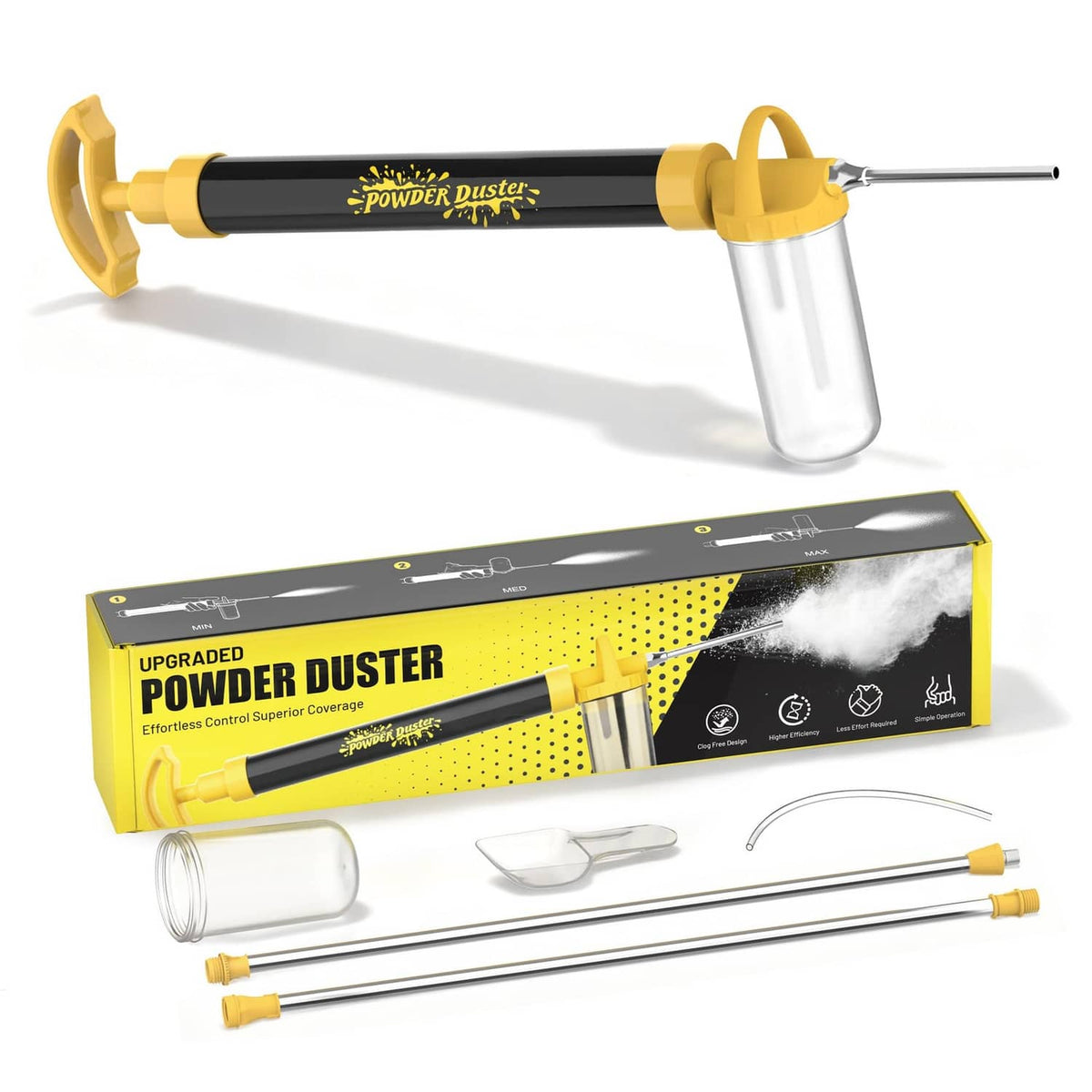 Diatomaceous earth powder duster and sprayer kit with yellow handle, bottle, and accessories