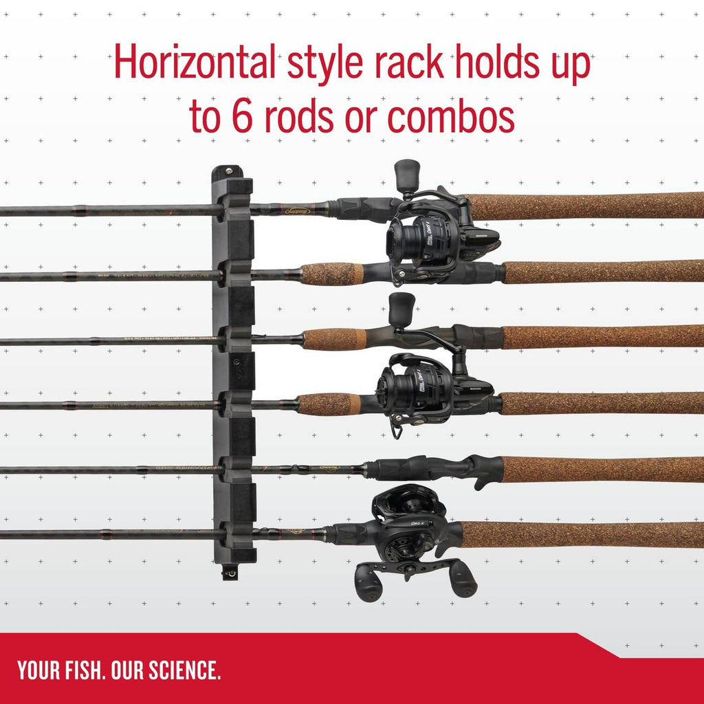 Horizontal rod rack holding several fishing rods with reels, wall-mounted