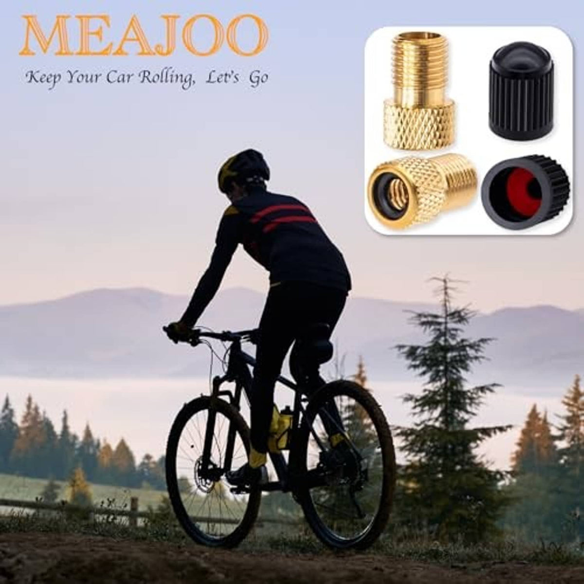 Presta valve adapter kit: brass adapters with black rubber cores and black caps