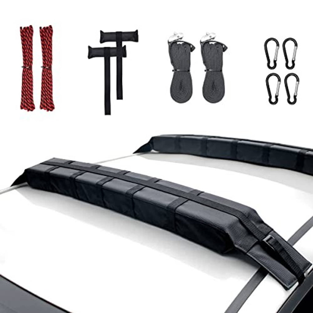 Black kayak roof rack pad covers with tie-down straps and mounting accessories