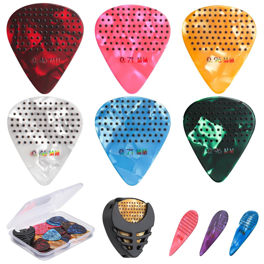 Assorted non-slip guitar picks with raised dot texture in red, pink, orange, white, blue, green.