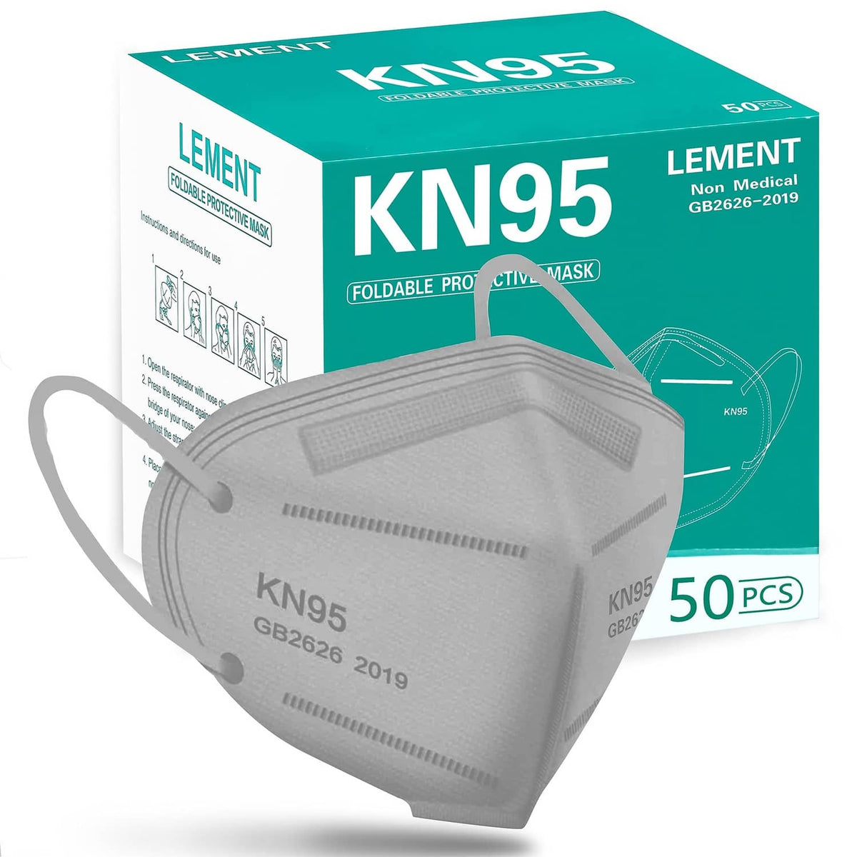Grey KN95 face mask with V-fold pleats and two ear loops, shown with pack box