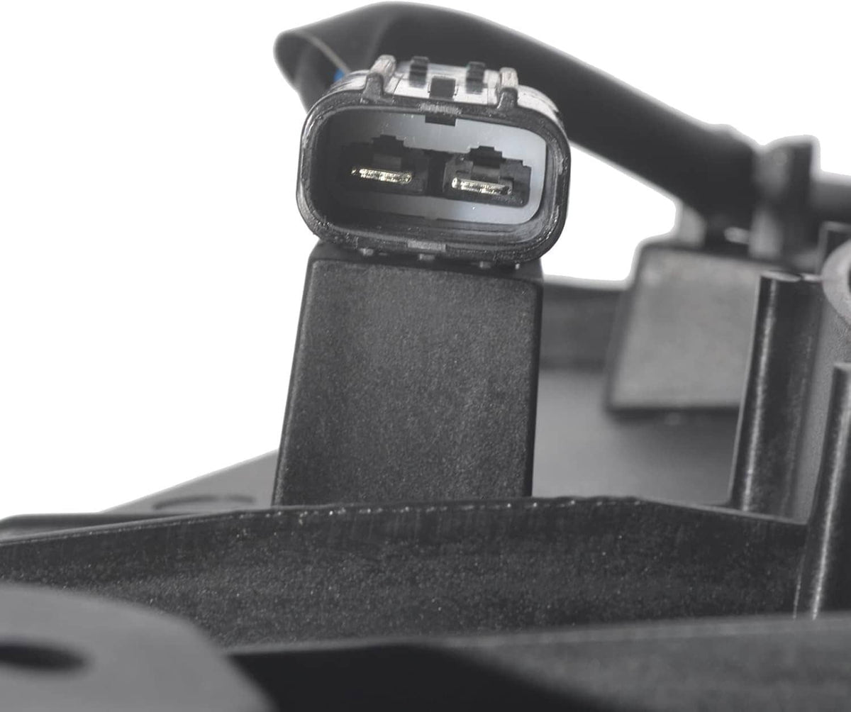 Electrical connector and wiring on black fan assembly, close-up
