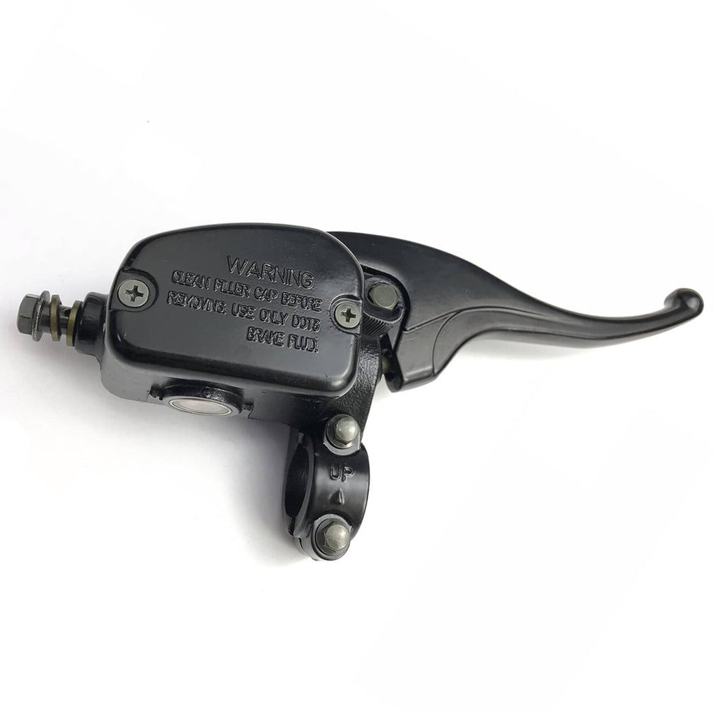 Right brake master cylinder lever with warning reservoir cover and curved black hand lever