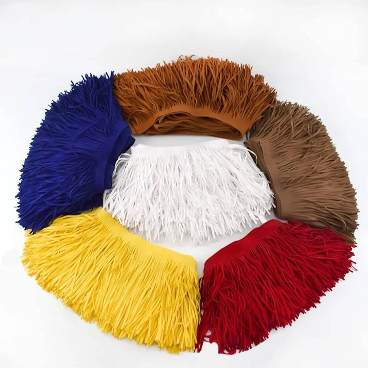 Assorted velvet fringe trim bundle: blue, brown, white, yellow, and red with tassels