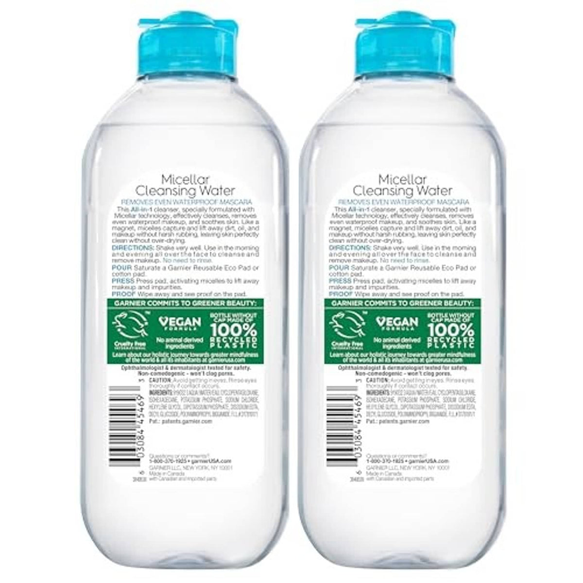Two Garnier SkinActive micellar cleansing water bottles showing back labels, blue caps.