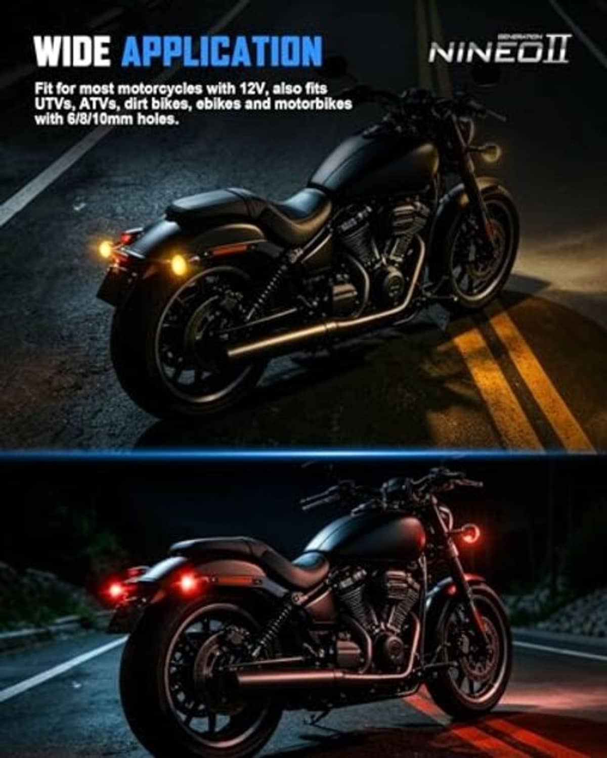 Motorcycle with front amber and rear red mini LED turn signals illuminated at night