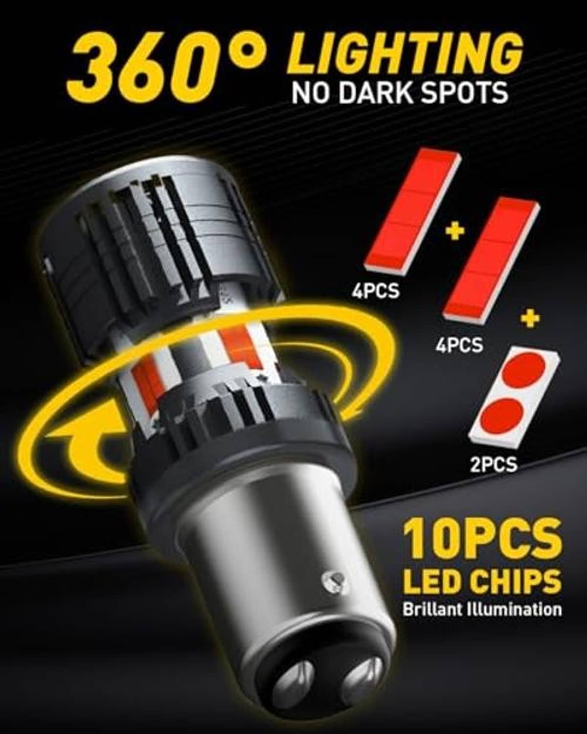 CANbus LED bulb with black heat sink and silver body, red LED chips for wide beam