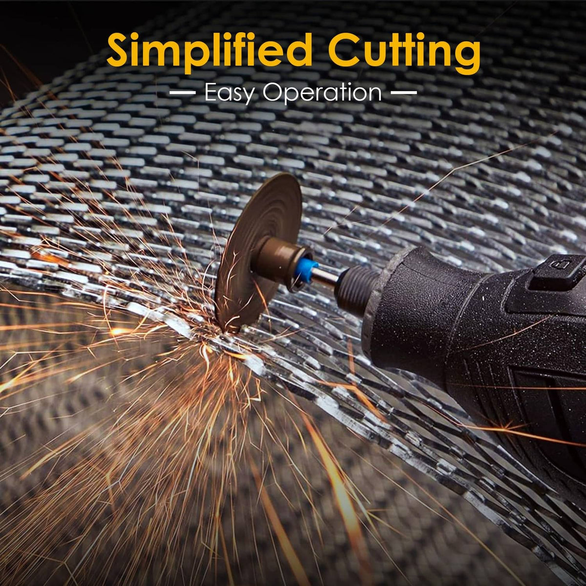Rotary cutting wheel producing sparks while cutting with a grinder tool