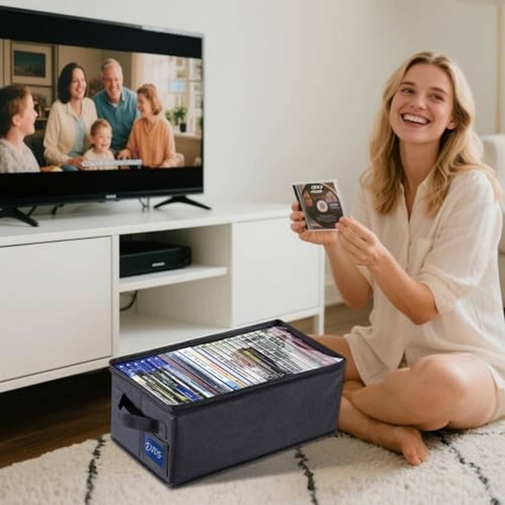 Black foldable media storage box with clear window, lid open, DVD sleeves visible