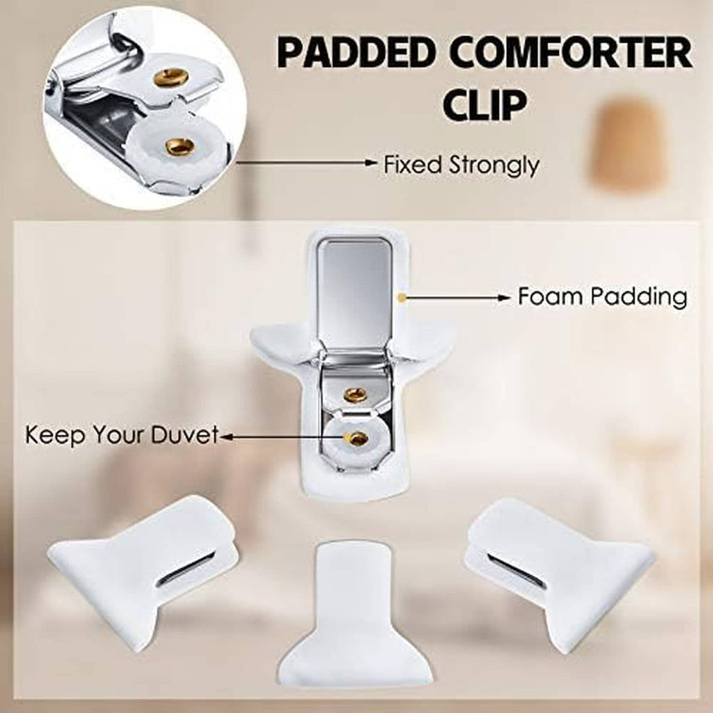 Padded comforter clip with foam padding and metal spring latch