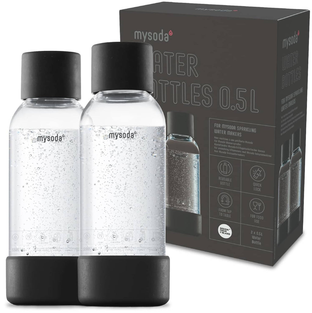 Mysoda carbonating bottle set, clear body with speckled water, black quick-lock caps