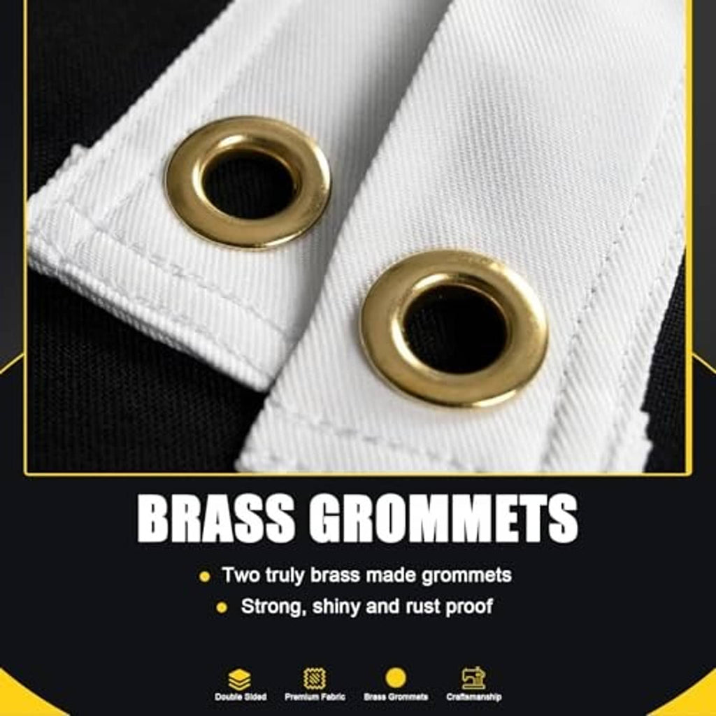 Close-up of white flag corner with two gold brass grommets