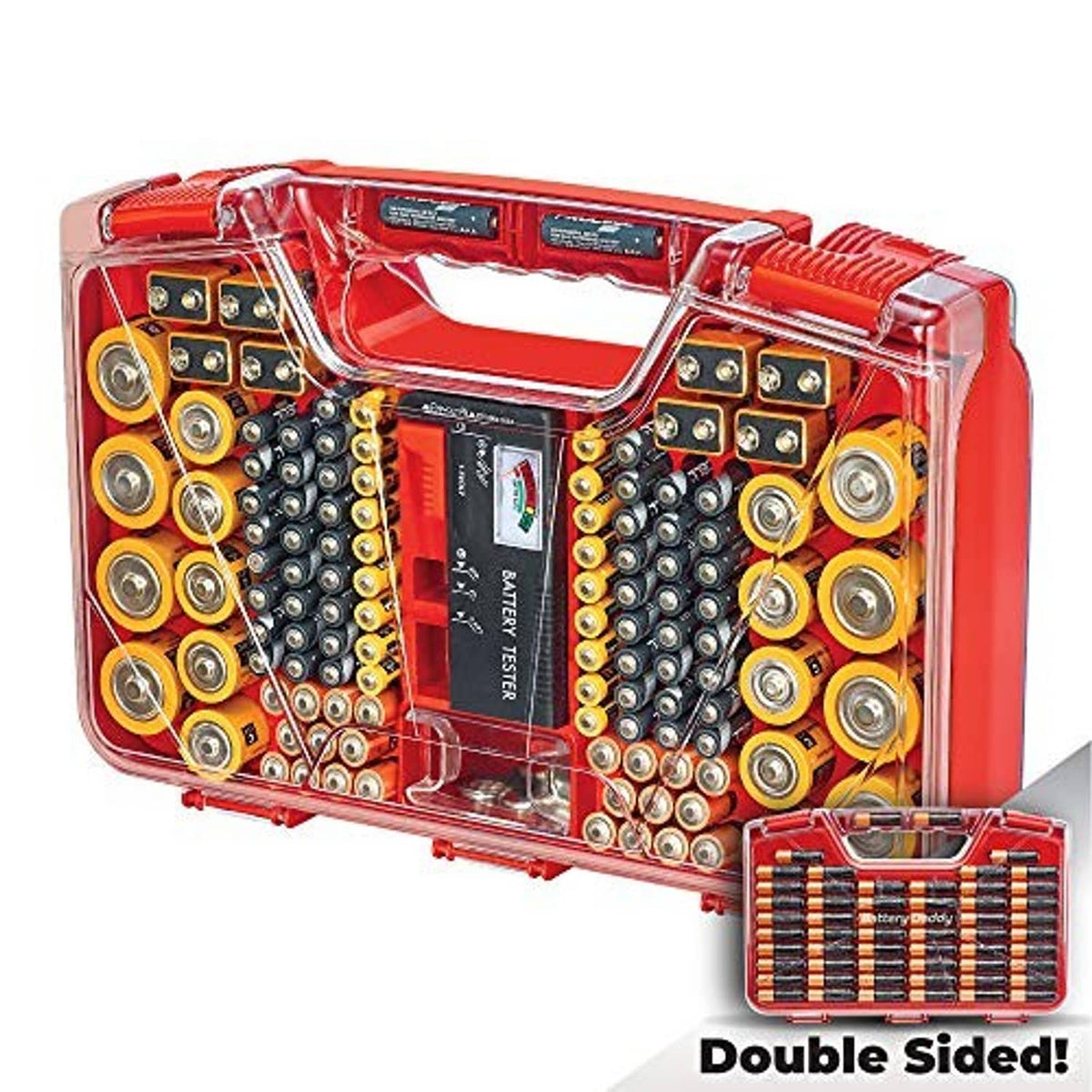 Red battery organizer case with double-sided storage and built-in battery tester