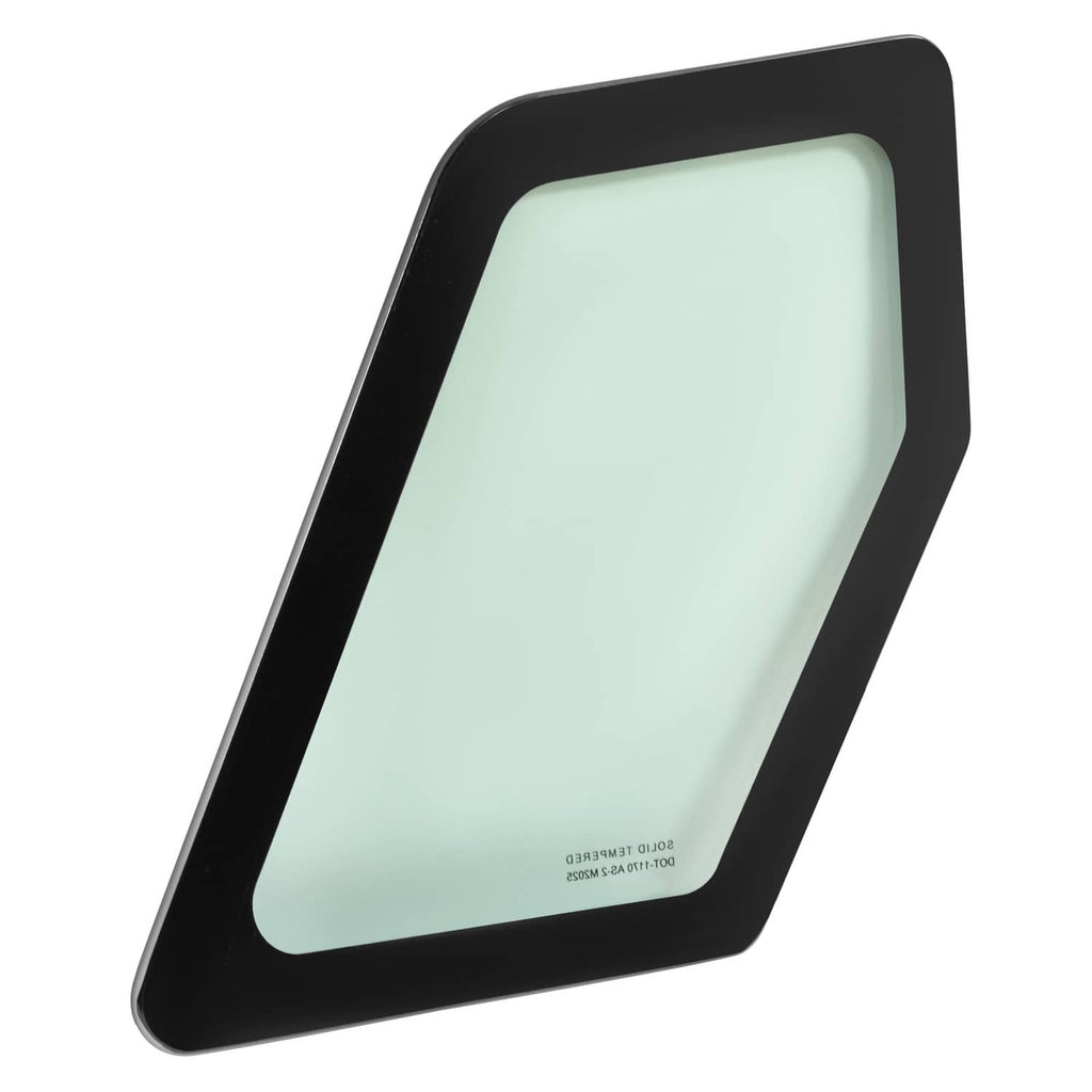 Skid steer cab glass with black trim border and light green tinted safety glass panel
