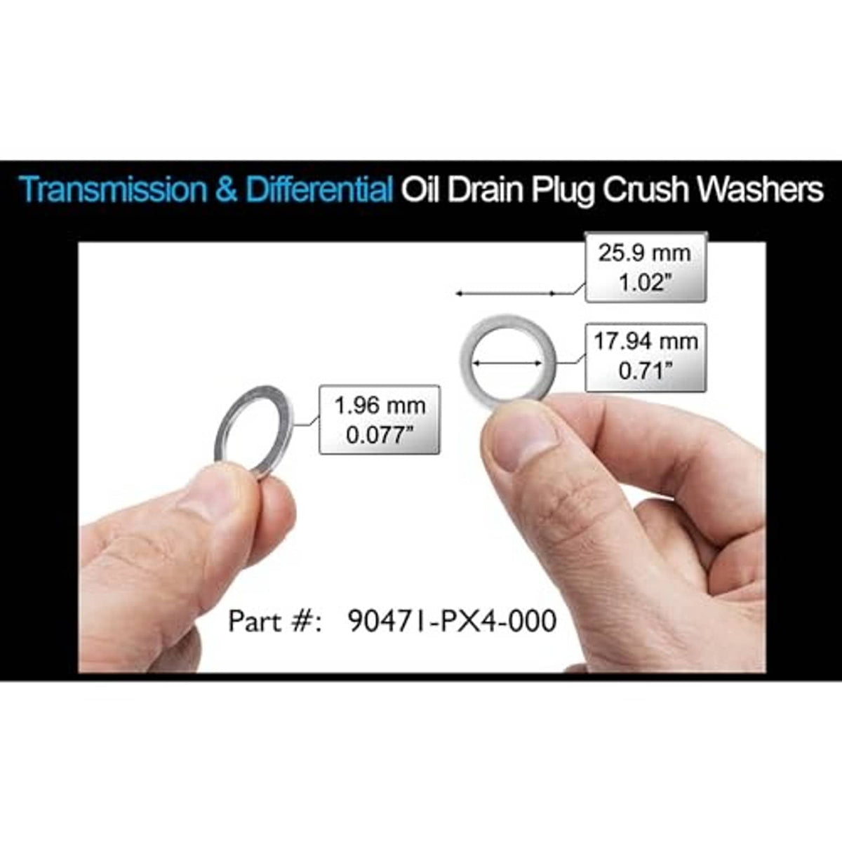 Oil drain plug crush washers with size diagram and hands holding the washer