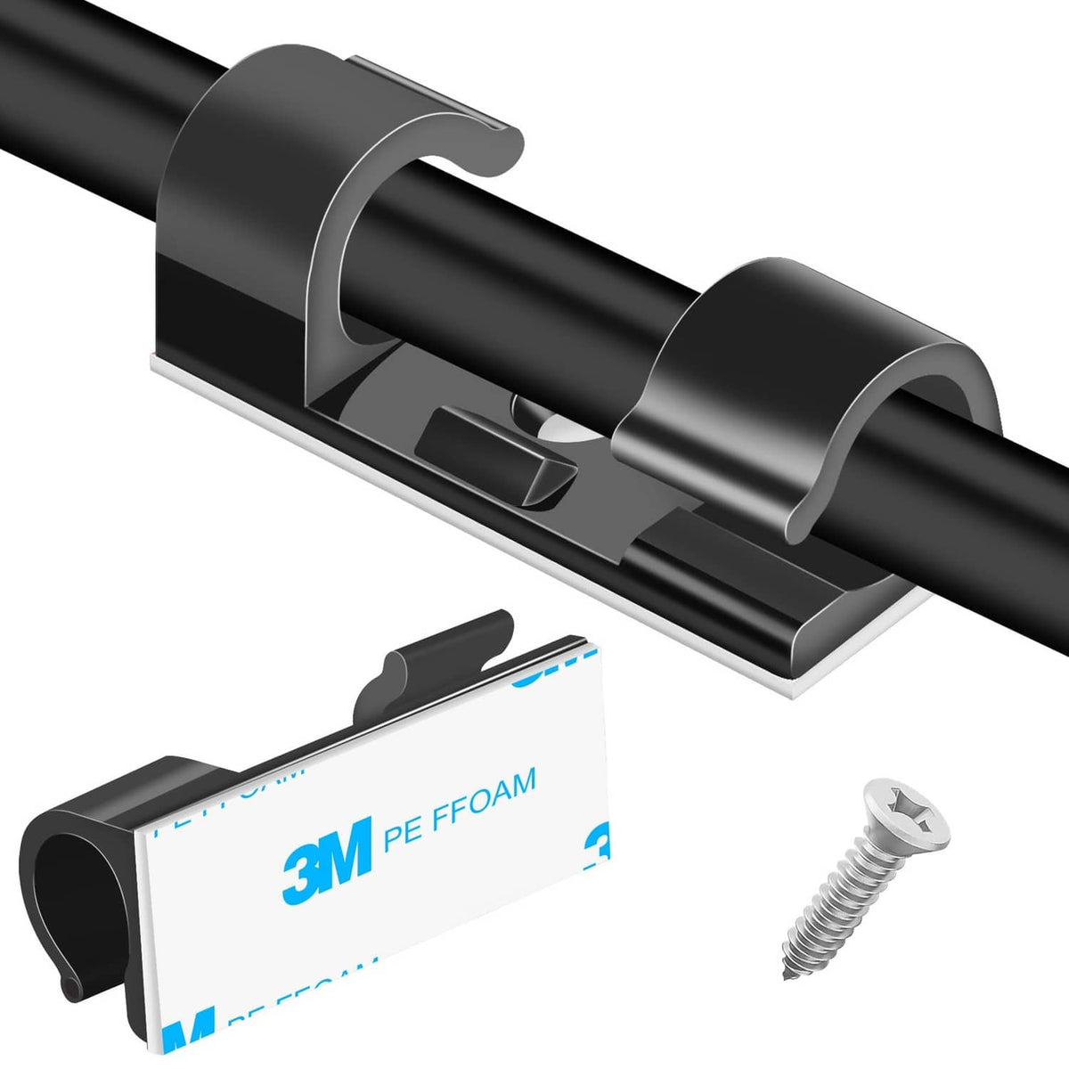 Medium black self-adhesive cable clips with U-shaped wire holder and mounting screw
