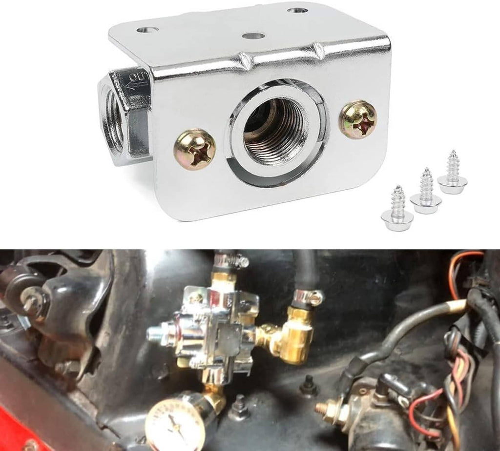 Chrome fuel pressure regulator base plate with mounting holes and threaded side fitting