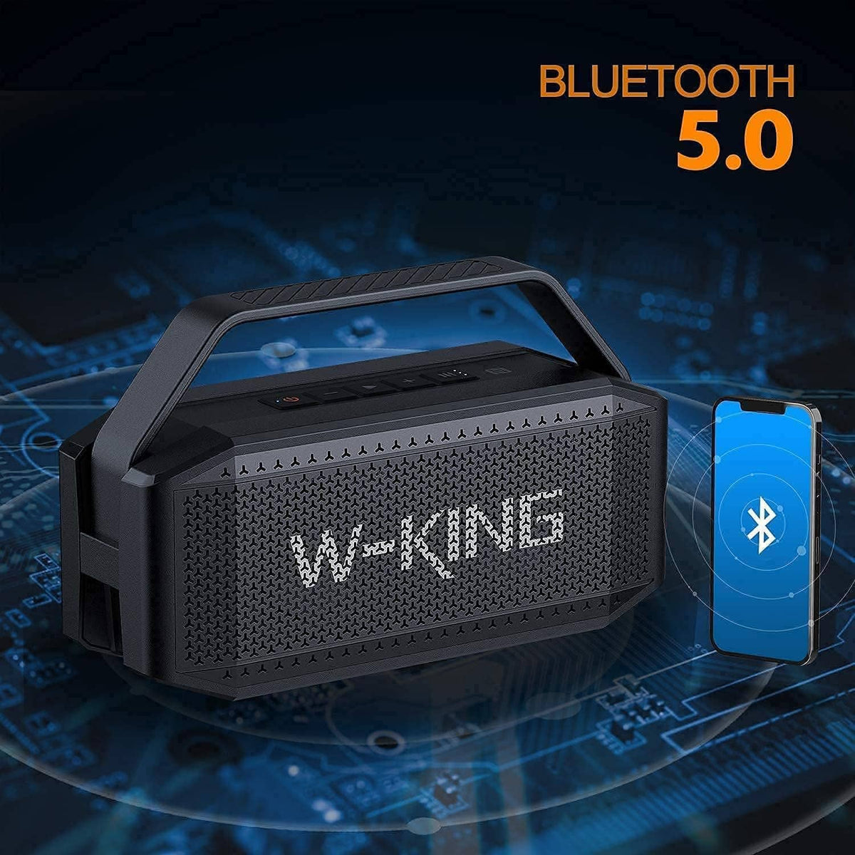 Black portable Bluetooth speaker with front grille and top handle