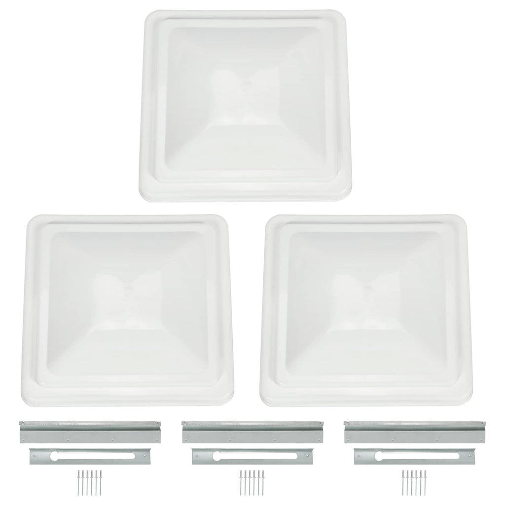 Three white RV roof vent cover lids with matching metal mounting rails